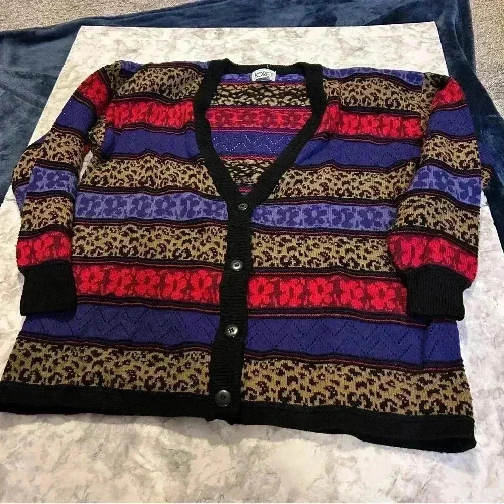Vintage 80s Koret Muticolored Stripe Button Front Cardigan Shoulder Pads Size L